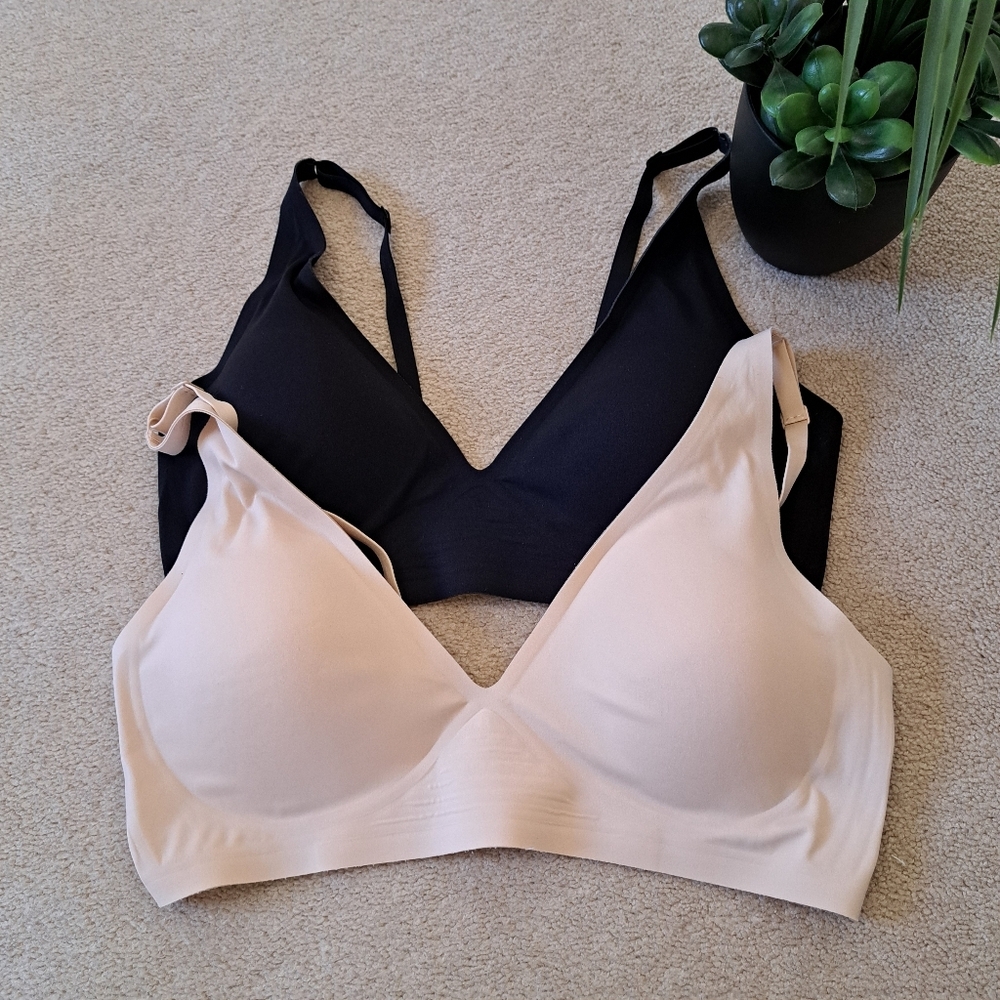 Set Of 2 Splendid Gel Bonded Plunge Bras Black Beige Large Wire Free Loungewear